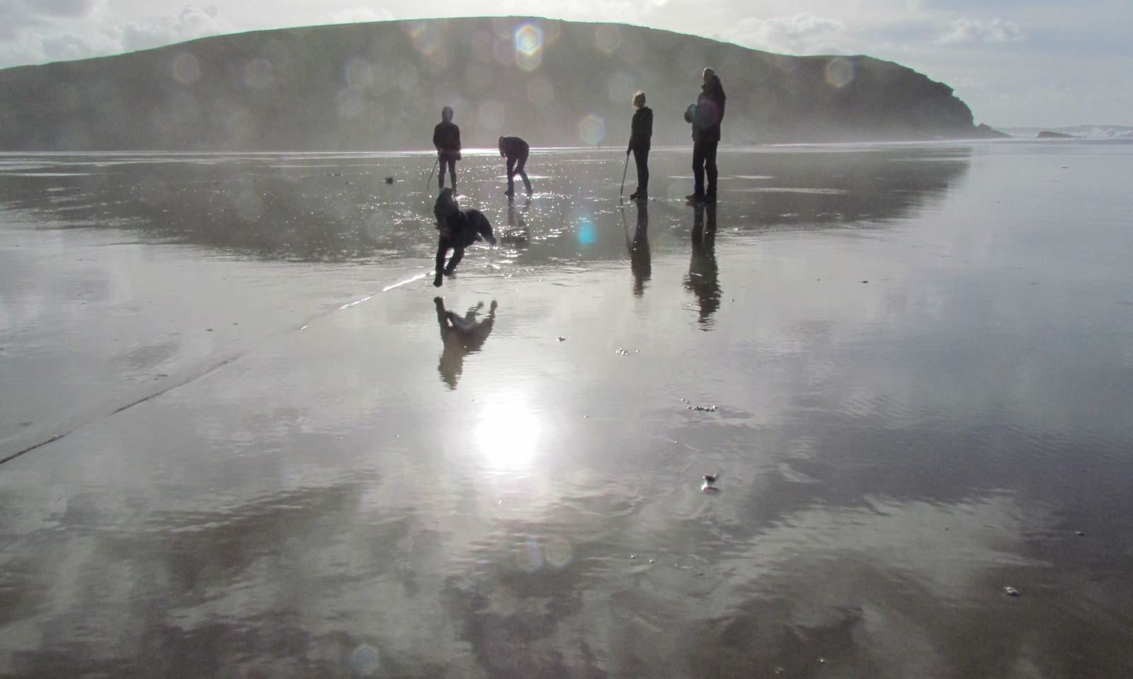 Four people and a dog on a wet beach at low tide, the sun reflected in the sand